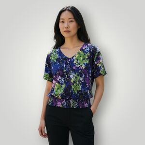 IZOD Top Womens S Floral Watercolor Print Scoop Neck Vibrant Cotton Short Sleeve